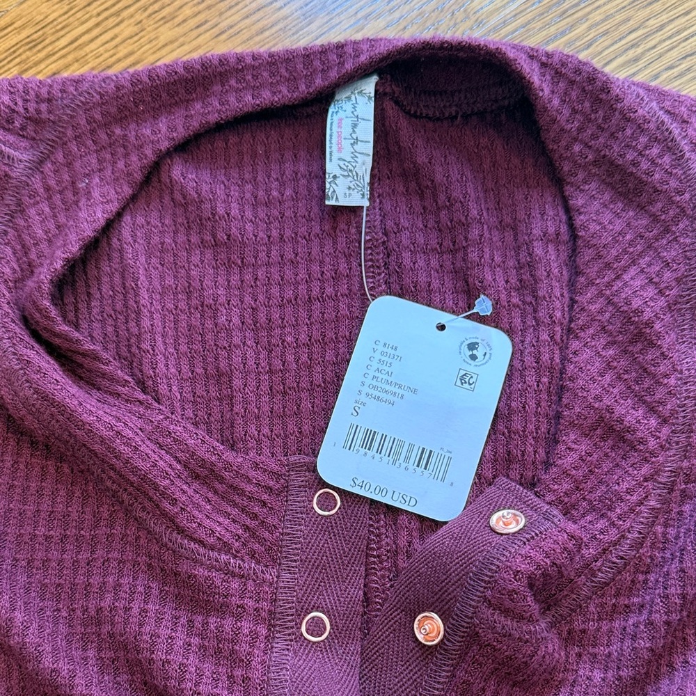 NWT Free People Women's Waffle Henley Sweater - Plum - Small